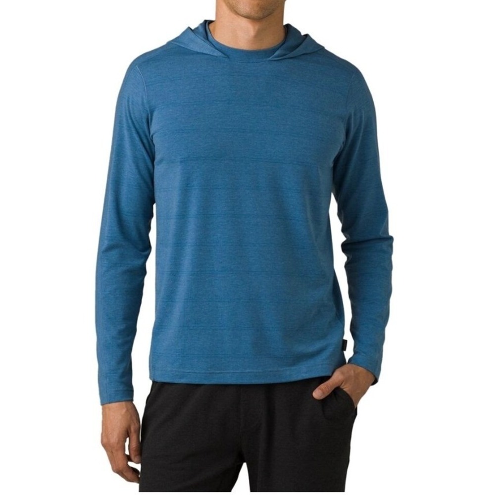 prAna Watchtower Mens Blue Striped Long Sleeve Hooded Performance Shirt Size M
